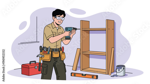 Smiling Handyman Assembling Wooden Bookshelf with Cordless Drill, Wearing Safety Glasses and Tool Belt
