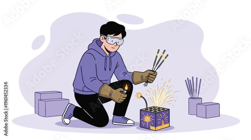Young Man in Safety Gear Lighting Fireworks and Sparklers Safely for Celebrations
