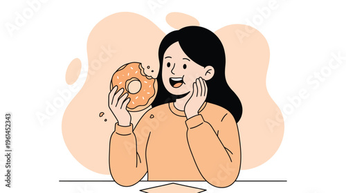 Joyful Young Woman Happily Enjoying a Delicious Glazed Donut, Expressing Pure Happiness While Eating Sweet Snack