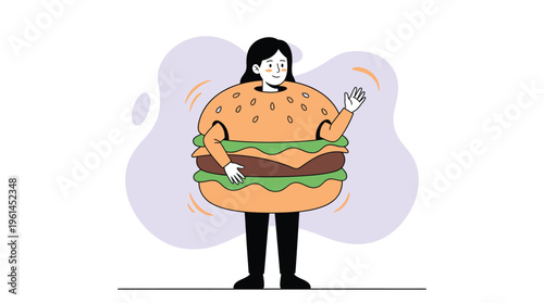 Cheerful Woman Dressed in a Large Hamburger Costume Waving Hand, Representing Fast Food Fun and Marketing