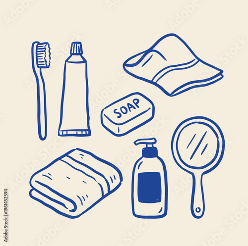 Various personal hygiene items including a toothbrush, toothpaste, soap, towels, a mirror, and a dispenser bottle are arranged on a neutral surface.
