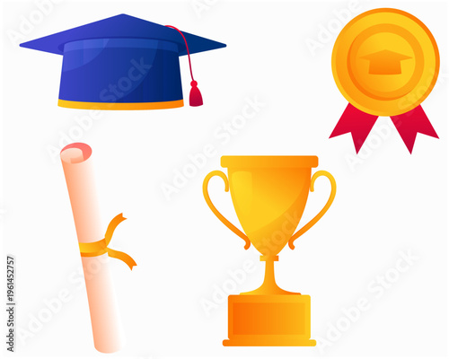 Graduation and Success Icons Set Featuring Mortarboard, Golden Trophy, Diploma, and Medal Isolated on White Background