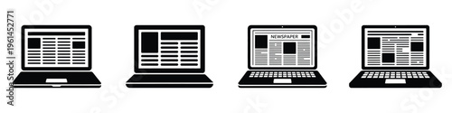 World Press Freedom Day May 3 Vector Illustration – Laptop with Newspaper Content Icons Symbolizing Online Journalism, Digital Media, E-News, and Press Independence in Black and White