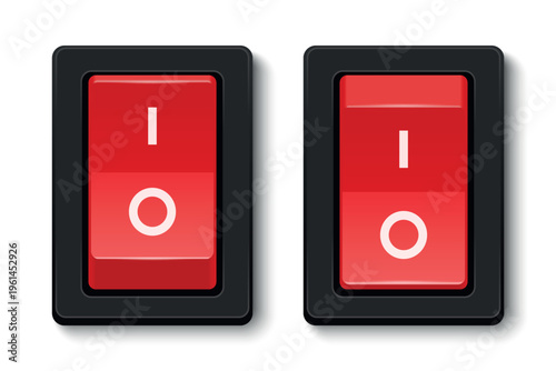 Vector 3d Red Rocker Power Switch Set. On and Off Toggle Button for Electricity Control Pane. Realistic 3d Electrical Switch Vector Illustration. Device Power Icons, Isolated