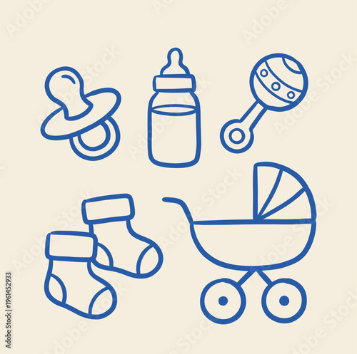 Collection of baby essentials including a stroller, bottle, pacifier, and socks.