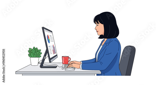 Professional young woman working on desktop computer at a clean office desk, isolated white background.