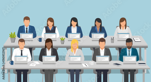 Diverse group of business professionals working on laptops during a corporate meeting in a conference room.