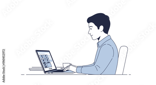 Engaged man participating in a video conference call on a laptop at a desk, isolated white background.