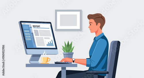 Focused man working on desktop computer analyzing business reports in a bright modern office studio.