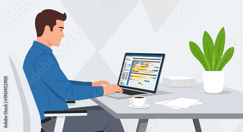 Diligent man working on laptop with spreadsheet software and a coffee cup on his desk in a bright office studio.