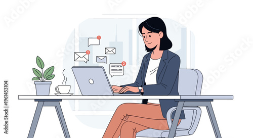 Busy woman managing emails and tasks on a laptop at a modern office desk in a bright studio setting.