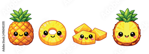 Whole pineapple ring chunks and half with faces on gradient background
