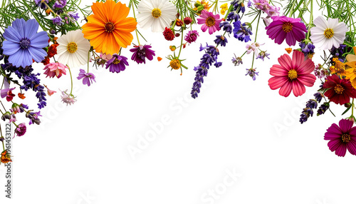 A colorful assortment of wildflowers, creating an arch against a black background