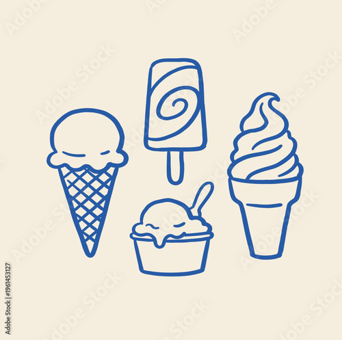 Various types of ice cream treats displayed in cones and cups.