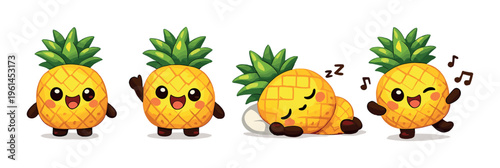 Pineapple characters performing actions on neutral gray background