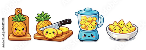 Whole and sliced pineapple being prepared on cutting boards