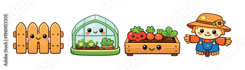 Garden elements including fence, greenhouse and scarecrow