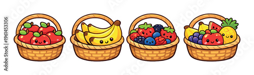 Four fruit baskets filled with apples bananas berries and pineapple