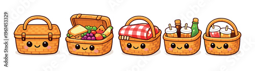 Wicker picnic baskets with food and drink on plain backdrop