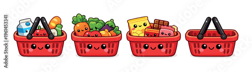 Red shopping baskets with groceries and smiling faces
