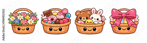 Wicker baskets with flowers sweets and toys on plain backdrop