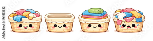 Laundry baskets with clothes folded overflowing on dark backdrop