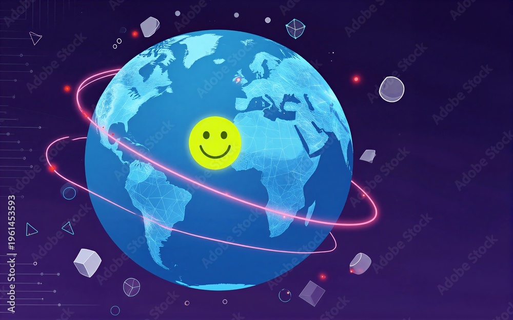 Naklejka premium Smiling sun orbits Earth surrounded by geometric shapes and digital