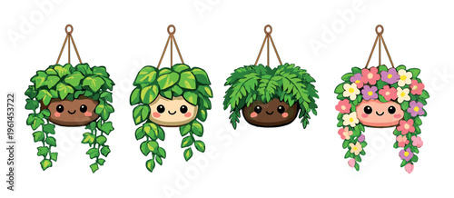 Four hanging planters with trailing foliage on gray background