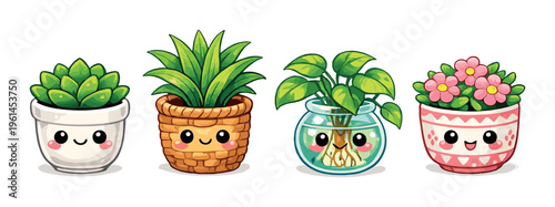 Succulent, woven basket, glass bowl and floral pots on gray background