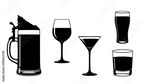 Assorted Drinkware Silhouettes Beer Wine Cocktail Glass Vector Set