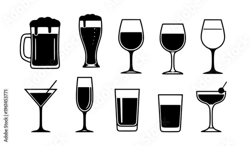 Black Silhouette Beer and Wine Glass Set Vector Icons Collection