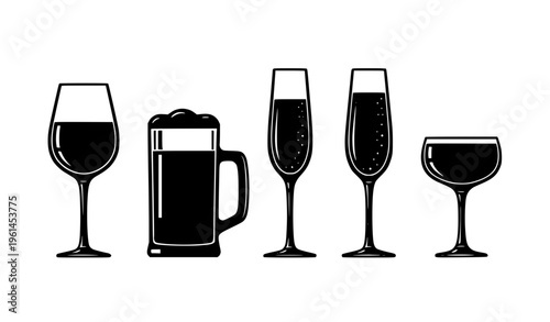 Elegant Alcohol Glass Silhouettes Beer Mug Wine Glass Vector Set