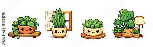 Assorted smiling potted plants arranged on neutral background