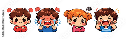 Four children displaying anger and crying on dark gradient