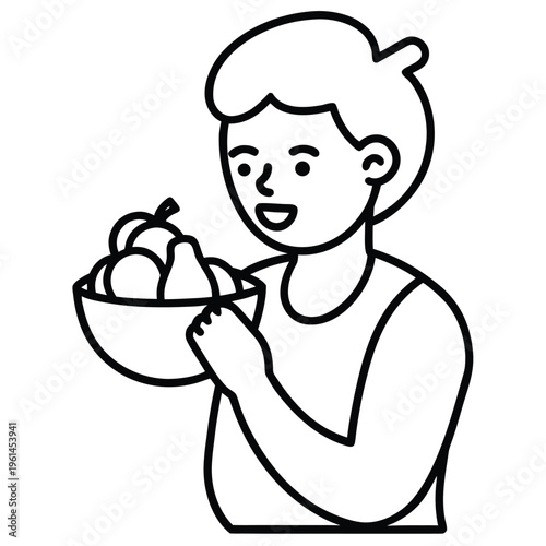 A young boy smiling happily while holding a bowl filled with various fresh fruits for a snack.