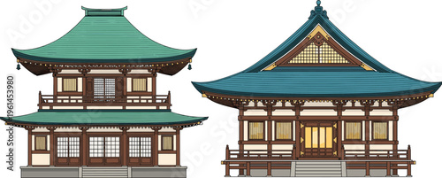 Collection of traditional Japanese pagoda temples and oriental shrines vector illustration isolated on white background for Asian travel and culture