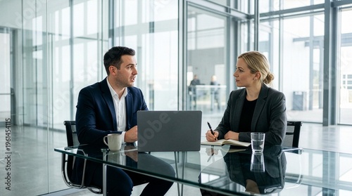 Business colleagues in a modern office discussing ideas at a glass conference table with laptop