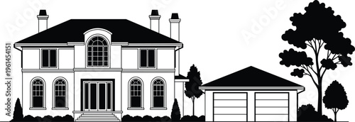 Luxury Two Story Suburban House Exterior Illustration with Double Garage and Landscaping Isolated on White Background for Real Estate Marketing Design