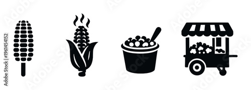 Corn and popcorn icons arranged in a row on dark background