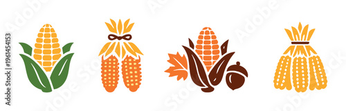 Four stylized corn cobs with husks and autumn motifs