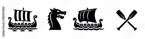 Viking ships dragon prow and crossed oars arranged on dark background