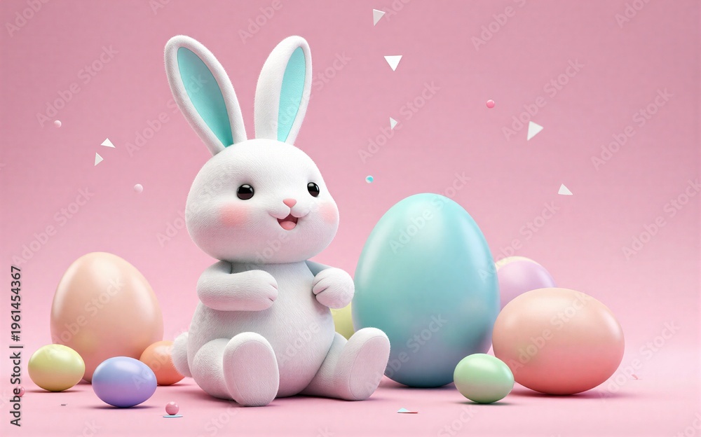 Obraz premium Cute white bunny sits among colorful Easter eggs on soft pink