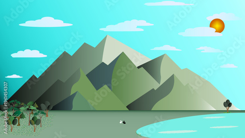 Peaceful mountain scene with forest and lake. Perfect for eco-friendly backgrounds, web banners, and nature illustrations.