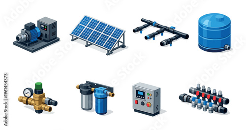 Irrigation system components and solar array on neutral background