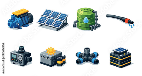 Solar powered irrigation and filtration components on dark background