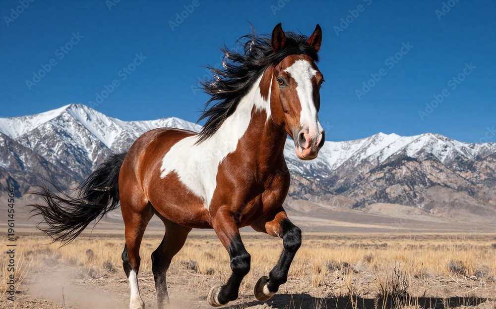 Obraz premium Brown and white horse stands bold against snowy mountains under clear