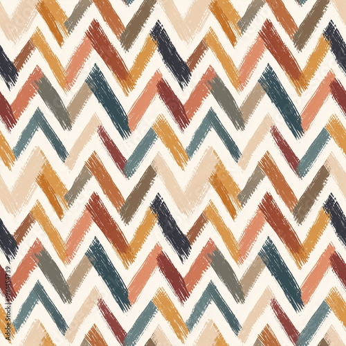 Seamless Pattern Boho Tribal Ethnic Zigzag Rhythm in Earthy Tones for Textile Design