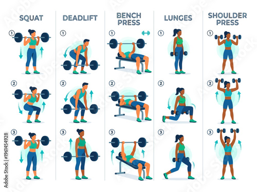 Visual guide to bodyweight and weightlifting exercises with clear instructions for proper form and execution