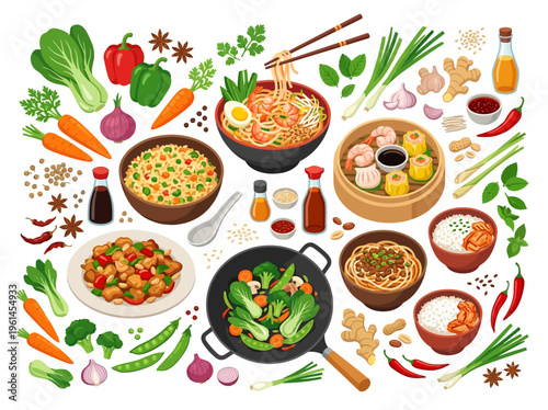 A vibrant collection of delicious Asian dishes and ingredients, showcasing a variety of textures and colors