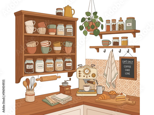 Bild auf Leinwand Cozy Kitchen Scene with Coffee Machine, Pastries, and Shelves Filled with Jars a